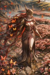depicts a beautiful warrior woman standing in a field of flowers possibly cherry blossoms with many butterflies flying a