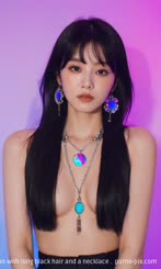 a beautiful woman with long black hair and a necklace . 