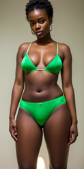 is of a woman with bare shoulders and a headwrap wearing a green bikini.