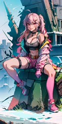 a woman with pink hair sitting on top of a building . 