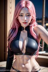 a beautiful young woman with pink hair wearing a leather outfit . 