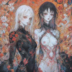is a digital painting of two nude women standing side by side. They have tattoos covering their bodies and are surrounded by flowers. The woman on the left has white hair and red tattoos while the woman on the right has 