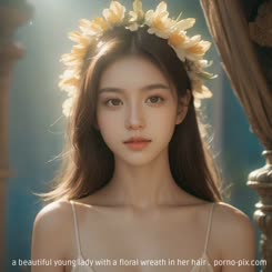a beautiful young lady with a floral wreath in her hair . 