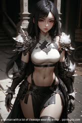 a woman with a lot of cleavage wearing armor . 