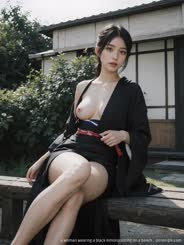 a woman wearing a black kimono sitting on a bench . 