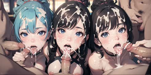 three girls are getting a taste of some kind of food