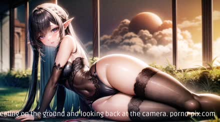 a cartoon fantasy elf girl with blue hair and large breasts wearing black lingerie and stockings kneeling on the ground and looking back at the camera.