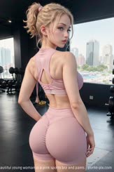 a beautiful young woman in a pink sports bra and pants . 