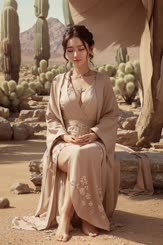 a woman in a beige dress sits in a desert 