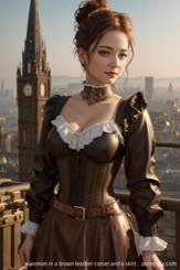 a woman in a brown leather corset and a skirt . 