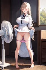 a girl is holding her skirt open and standing next to a fan