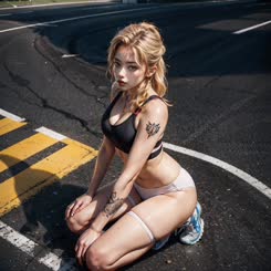 a woman with tattoos is sitting on the street