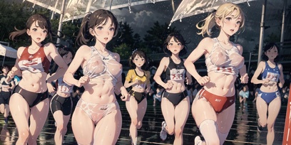 a group of girls are running on a bridge
