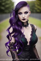 a beautiful woman with purple hair and a lace collar . 