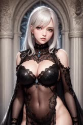 a woman with white hair and a black lingerie