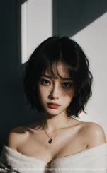 is a portrait of a young Asian woman with short black hair and a white bathrobe. She is wearing a green necklace with a pendant and has a slight smile on her lips. The light in the photo is dim creating a sense of intima
