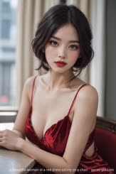 a beautiful woman in a red dress sitting on a chair . 