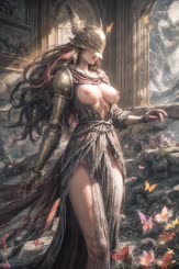 a half naked warrior woman with a large breast and long red hair wearing a helmet and armor. She's standing in a ruins s