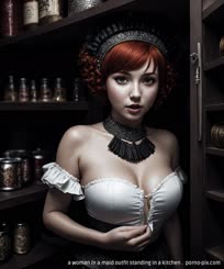 a woman in a maid outfit standing in a kitchen . 