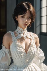 is of a female Asian model with a short hairstyle wearing a white bridal dress with sun kissed skin and warm light.