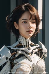 a woman in a futuristic outfit with short hair . 