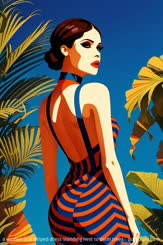 a woman in a striped dress standing next to palm trees . 
