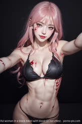a beautiful woman in a black bikini with blood on her chest . 