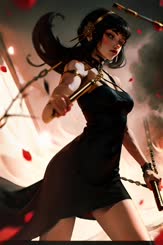 a beautiful woman in a black dress holding a sword . 