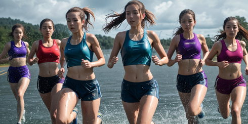 a group of six women running together along a body of water such as a lake during a rainy day.