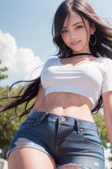 a beautiful Asian woman with long hair wearing a white crop top and denim shorts. She is showing off her tight stomach a