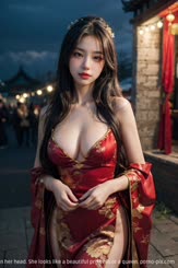 a very attractive and stylish Asian woman dressed in a red silk dress with a large胸部. She has a beautiful smile and long curly hair wearing a golden crown on her head. She looks like a beautiful princess or a queen.