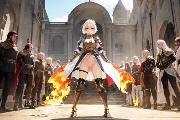 A very tall anime character with white hair and big breasts wearing a warrior's armor stands in the town square with flames coming from her bottom
