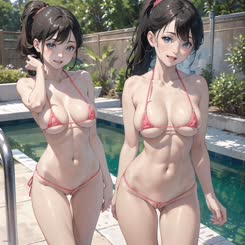 two animated girls in bikinis standing in a pool