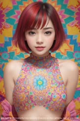 This is an up close photo of a Japanese woman with red hair and a colorful top looking directly at the camera.