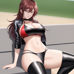 cartoon character of a woman in a sexy outfit wearing a black leather jacket and a red bikini top