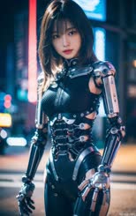 a woman in a futuristic suit standing on a city street
