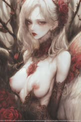 An illustration of a beautiful half naked woman with blond hair and blood red eyes dressed in a blood red rose gown and surrounded by blood red roses and a mysterious white energy.