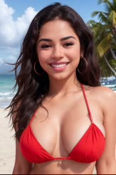 a beautiful woman in a red bikini on the beach