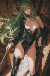 A green haired woman in a black leotard and thigh high boots poses suggestively her expression blank.