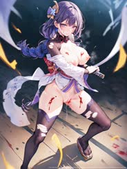 a girl with purple hair wearing a kimono with a bloodied sword in her hand and bloodstains on her white kimono.