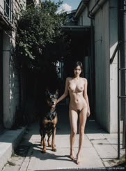a woman and a dog stand naked in a doorway . 