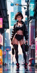 A cyberpunk girl standing in a rain soaked city street at night with a neon glow.