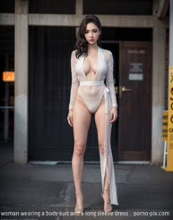 a beautiful woman wearing a body suit and a long sleeve dress . 