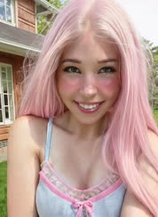 a girl with pink hair is smiling at the camera