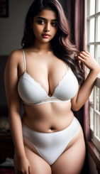 a beautiful Indian woman in white lingerie posing by a window.