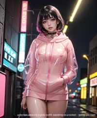 a person wearing a pink outfit standing on a street . 