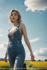 a woman wearing a jean jumpsuit is posing for a picture . 