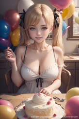 a girl with a big breast is holding a cake 