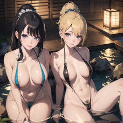 two girls in bikinis sit in a hot tub