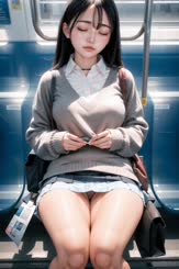 a woman in a skirt and a sweater is on a train
